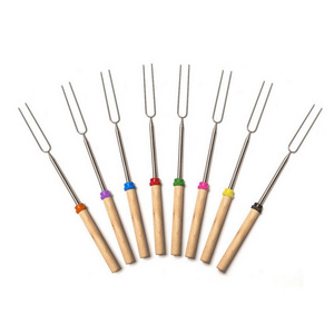 Wooden Handle Extendable Forks Set of 8Pcs Telescoping Smores Skewers for Campfire Firepit and Sausage BBQ barbecue fork