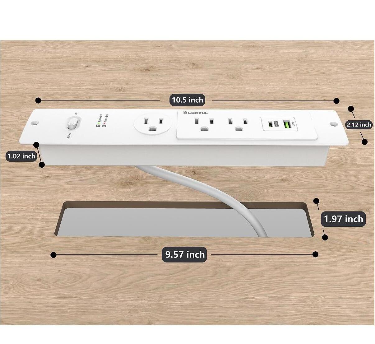 Recessed Power Strip PD 20W USB C Port, Fast Charging QC3.0 USB A Port Desk Outlet,  Furniture Hidden Charging Station