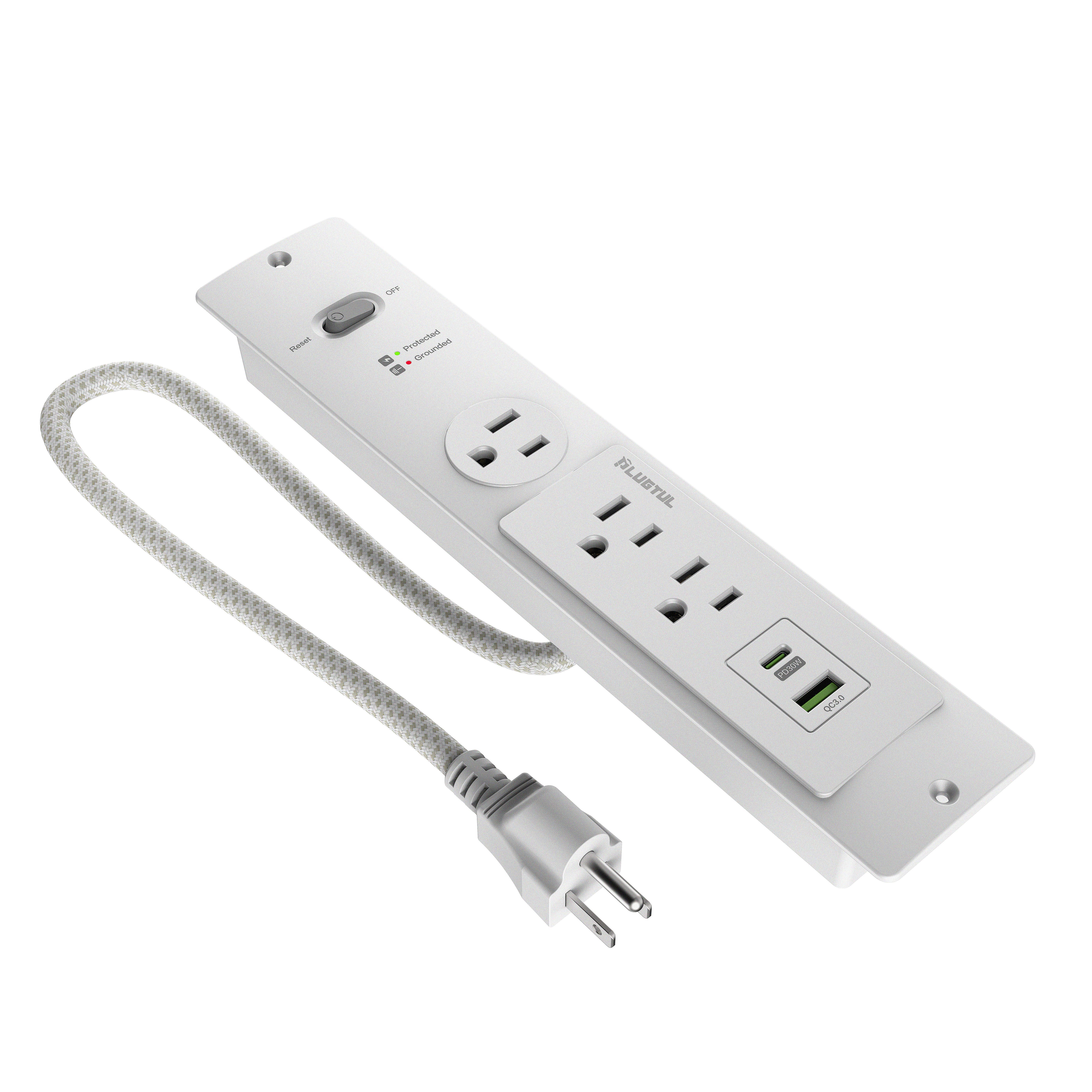 Recessed Power Strip PD 20W USB C Port, Fast Charging QC3.0 USB A Port Desk Outlet,  Furniture Hidden Charging Station