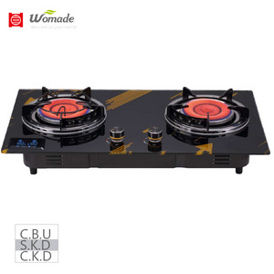 Malaysia hot sell 75cm double burner infrared gas cooker, built-in type glass hob with timer