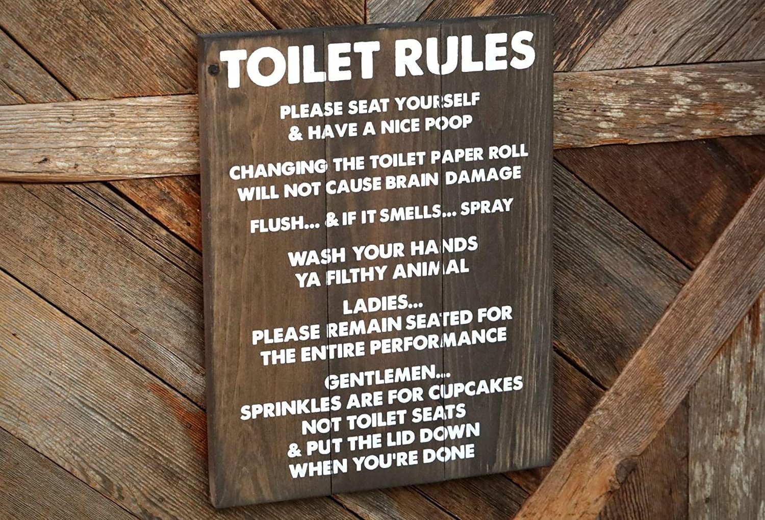 Custom Handmade Stained Rustic Funny Bathroom Decor Wooden Toilet Rule Sign