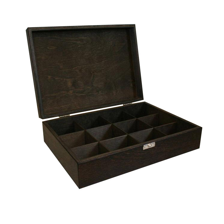 Personalized  Antique Dark Brown 12 Compartments Wooden Gift Packaging Box For Tea