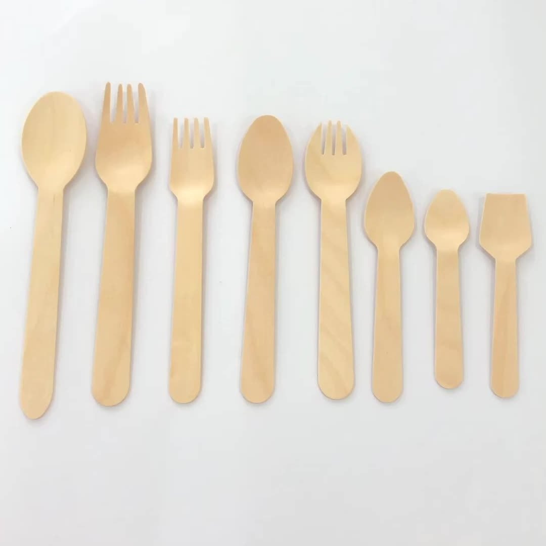 Wholesale customized disposable bulk knife, fork and spoon tableware set, cake dessert salad honey food wooden spoon