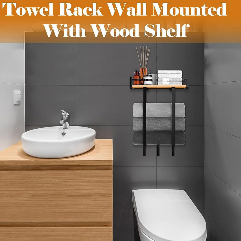 Industrial rustic pipe bathroom floating shelf wall mounted towel bar wooden rack finishing towel rack