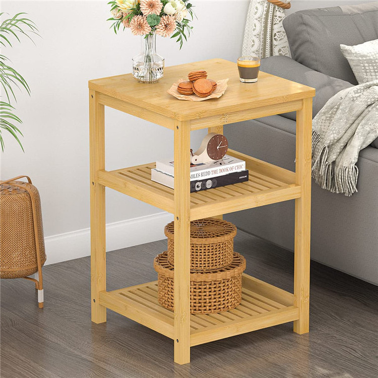 Bamboo Bed Side Table Printer Stand Small Coffee Sofa Table 3-Tier Storage Shelf