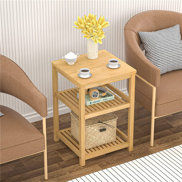 Bamboo Bed Side Table Printer Stand Small Coffee Sofa Table 3-Tier Storage Shelf