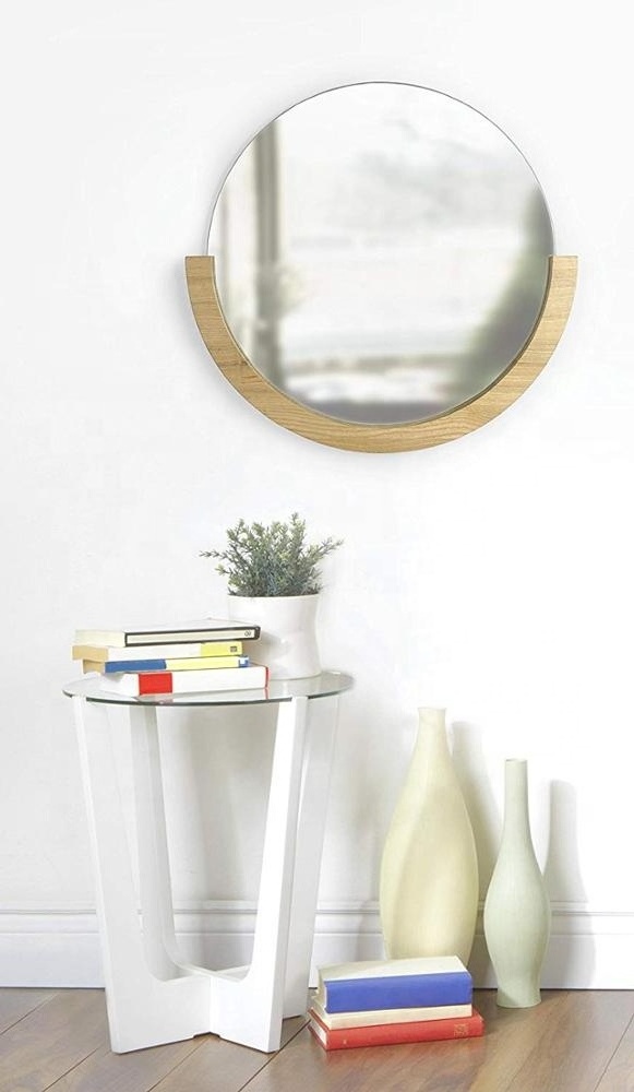 Natural  Circular Mirror with Wood Frame on the Bottom Half