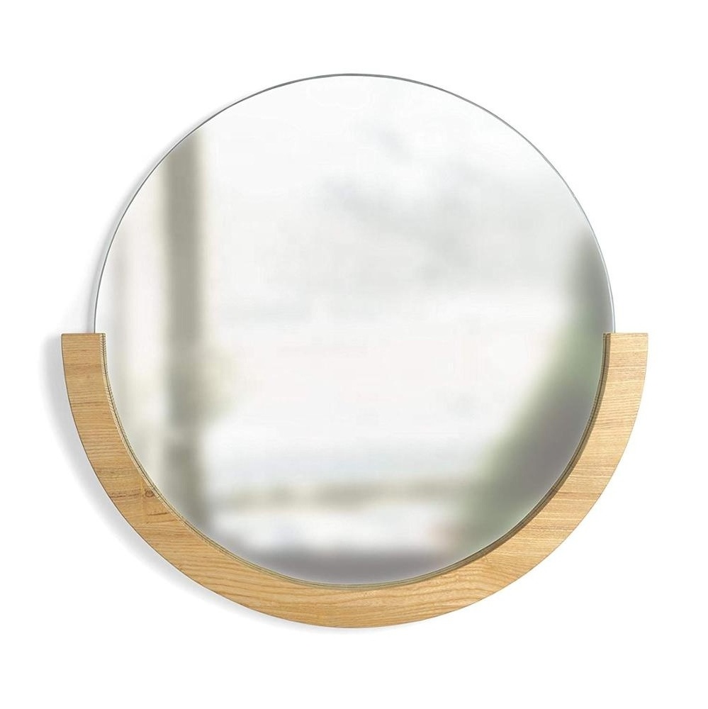 Natural  Circular Mirror with Wood Frame on the Bottom Half