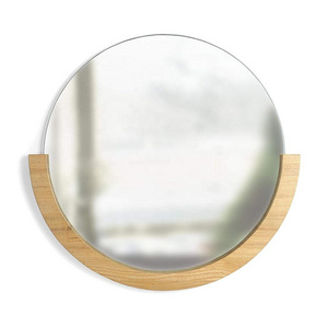 Natural  Circular Mirror with Wood Frame on the Bottom Half