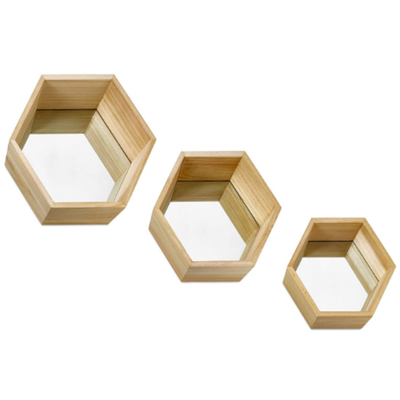 Wall Mirror Set of 3 Hexagonal Wood Frame Mirrors  Wall Mounted Mirrors for Wall Decor