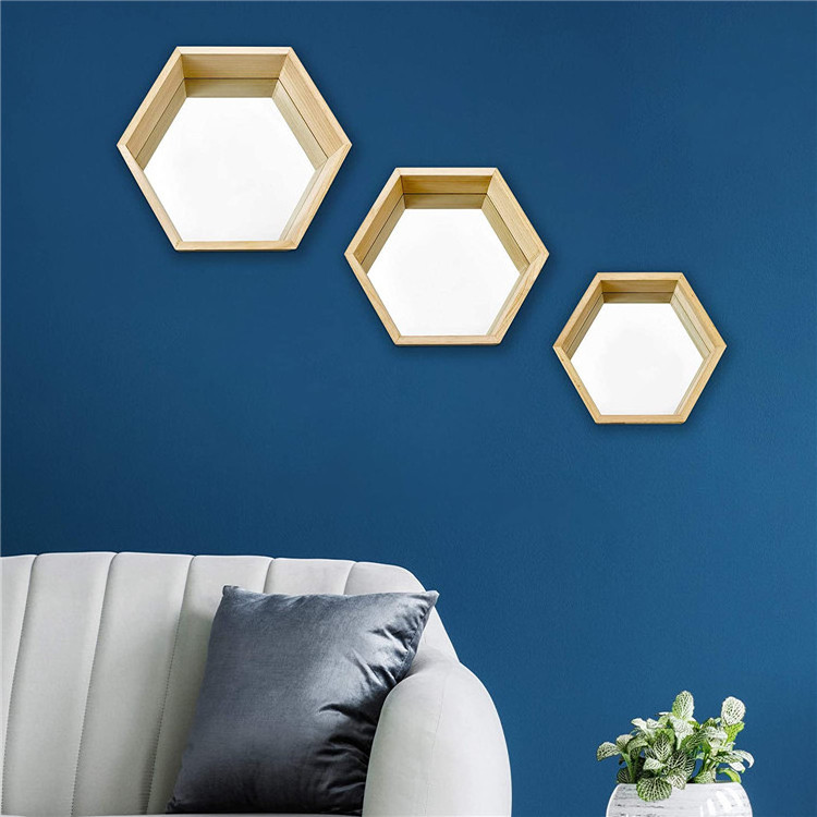 Wall Mirror Set of 3 Hexagonal Wood Frame Mirrors  Wall Mounted Mirrors for Wall Decor