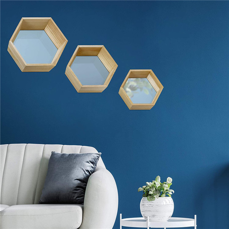 Wall Mirror Set of 3 Hexagonal Wood Frame Mirrors  Wall Mounted Mirrors for Wall Decor