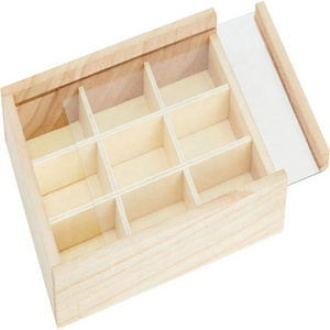 Small Unfinished Wood Box with Lid, 9 Compartment Storage Boxes Bead Container with transparent lid