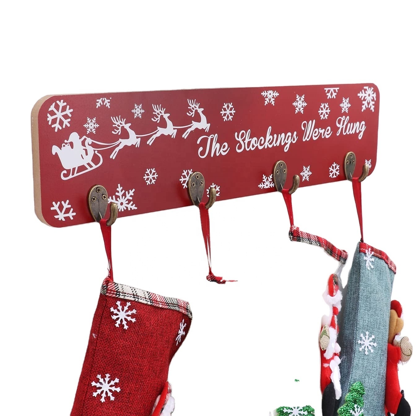 Christmas Stocking Mantle Holders Set Stand Wooden Sign Heavy Weighted Stocking Hooks