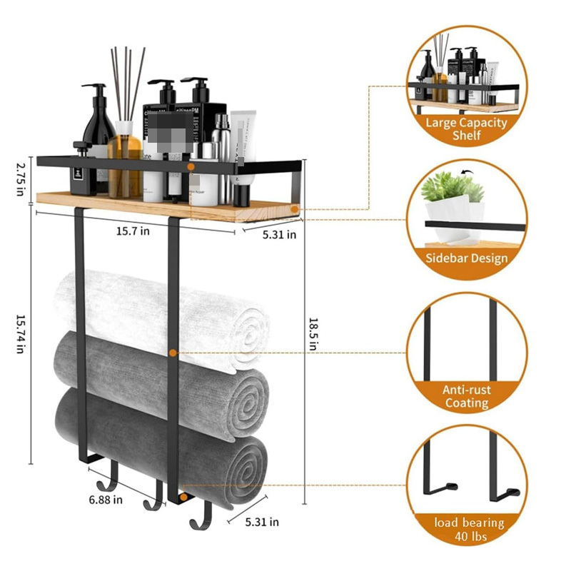 Industrial rustic pipe bathroom floating shelf wall mounted towel bar wooden rack finishing towel rack