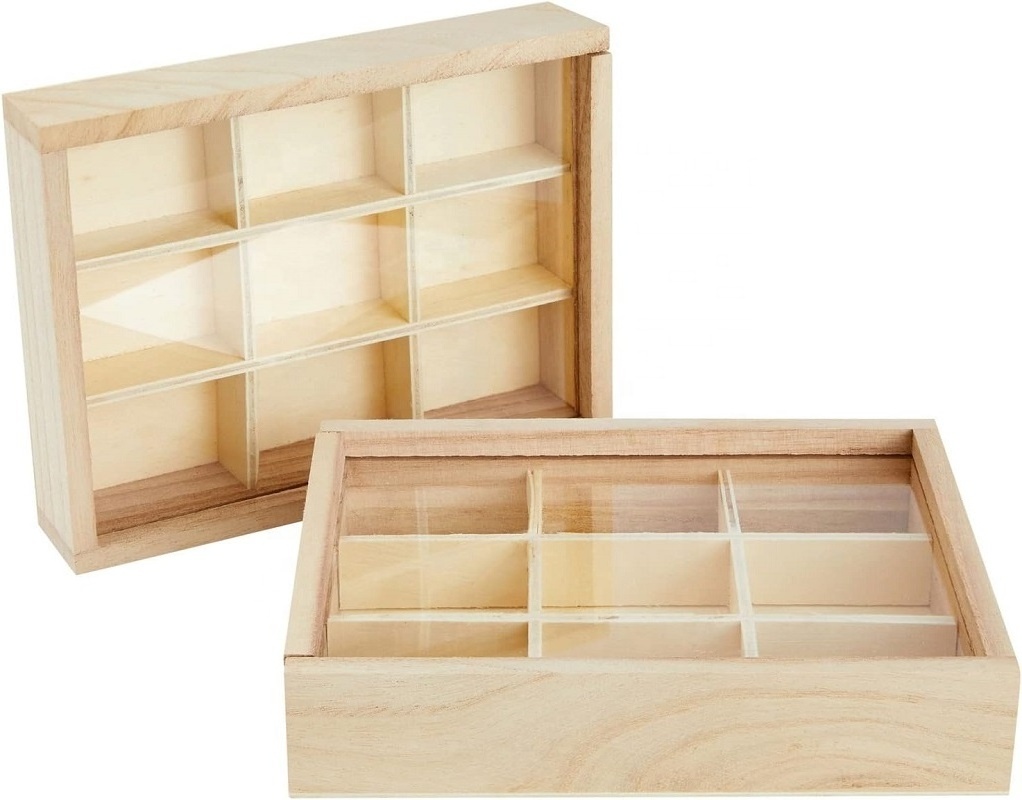 Small Unfinished Wood Box with Lid, 9 Compartment Storage Boxes Bead Container with transparent lid