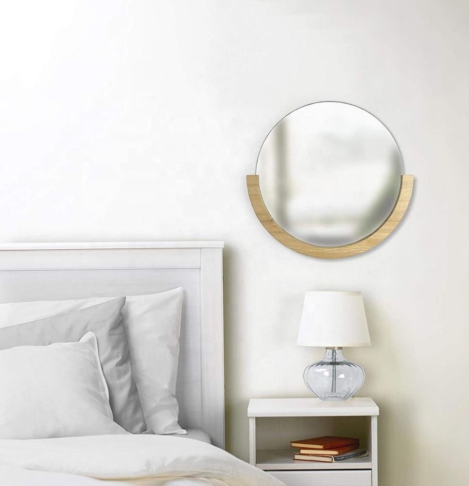 Natural  Circular Mirror with Wood Frame on the Bottom Half