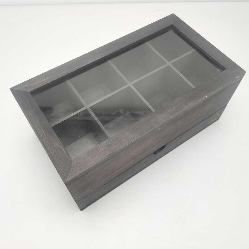 Wooden tea box with drawer with transparent lid Wooden double storage box crafts