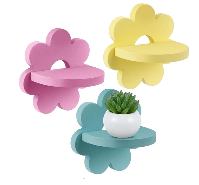 Suzile 3 Pcs Daisy Flower Plant Wall Shelf Hanging Shelf for Girls Bedroom Bathroom Living Room Nursery, Yellow Pink Green