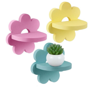 Suzile 3 Pcs Daisy Flower Plant Wall Shelf Hanging Shelf for Girls Bedroom Bathroom Living Room Nursery, Yellow Pink Green