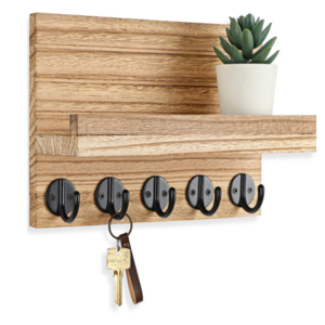 Decorative Key and Mail Holder with Shelf Has Large Key Hooks for Bags, Coats Paulownia Wood Key Hanger with Mounting Hardware