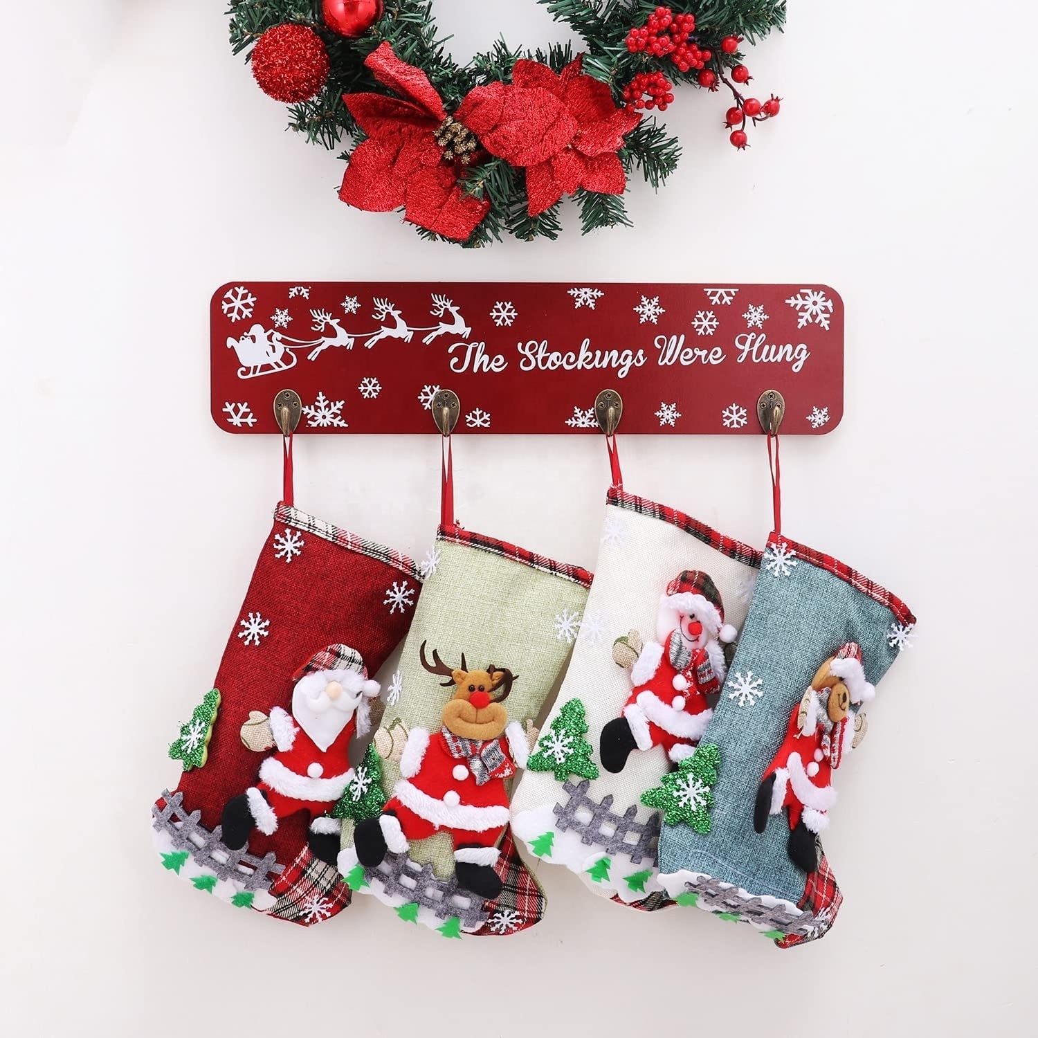 Christmas Stocking Mantle Holders Set Stand Wooden Sign Heavy Weighted Stocking Hooks