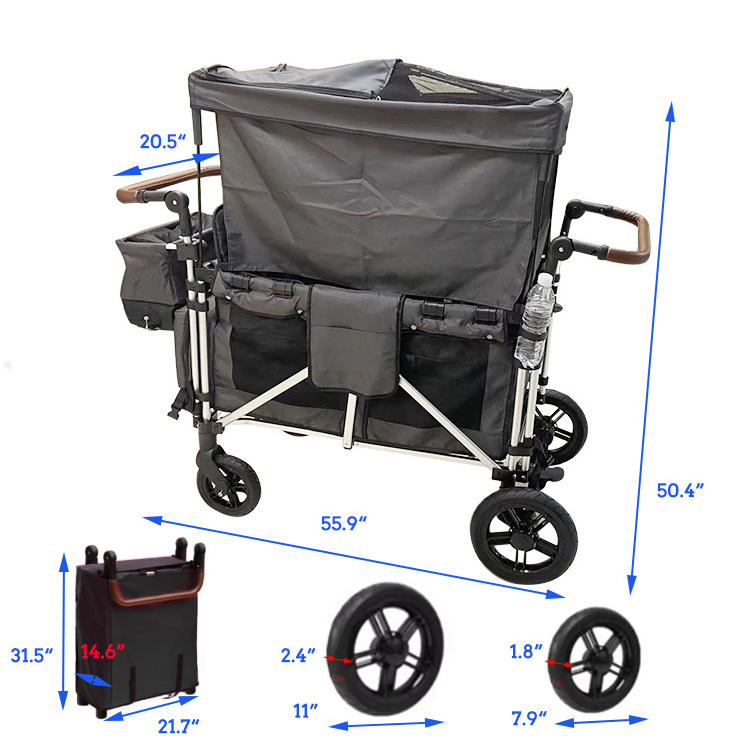 JXB Hot Sale Outdoor Push And Pull Aluminum Alloy Collapsible Camping Twins Stroller Wagon