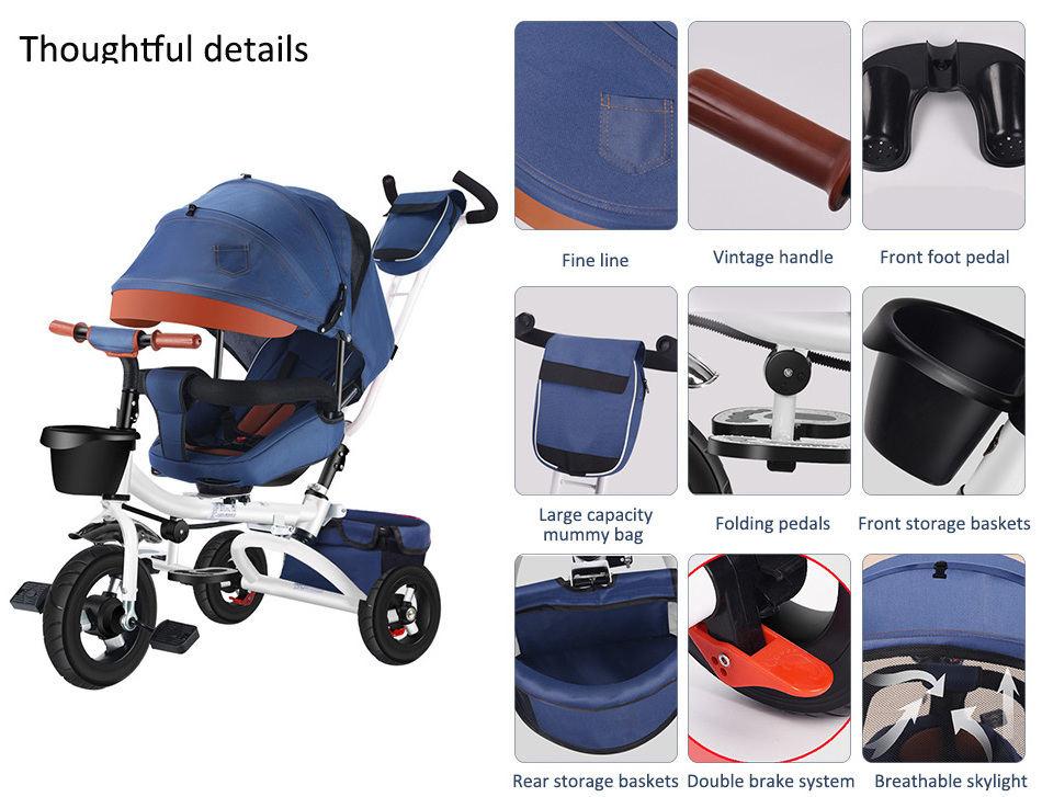 JXB Cheap Foldable Children Push Kids Strollers Multifunctional Baby Tricycle With Canopy Carriage Toddler Bike 3 Wheels