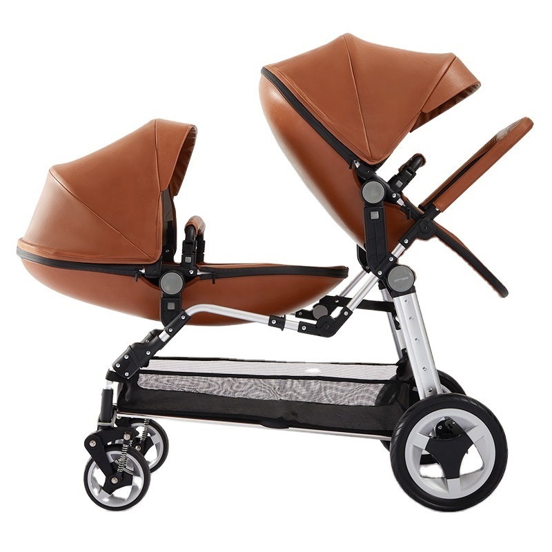 JXB PU leather egg seat 2 twin baby stroller carriage double eggshell folding stroller light luxury toddler stroller