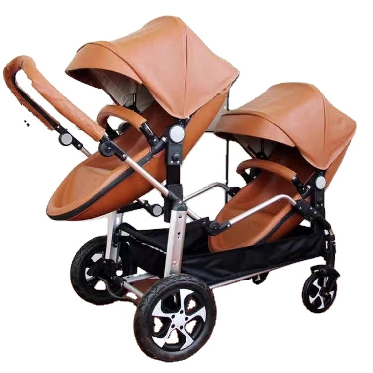 JXB PU leather egg seat 2 twin baby stroller carriage double eggshell folding stroller light luxury toddler stroller