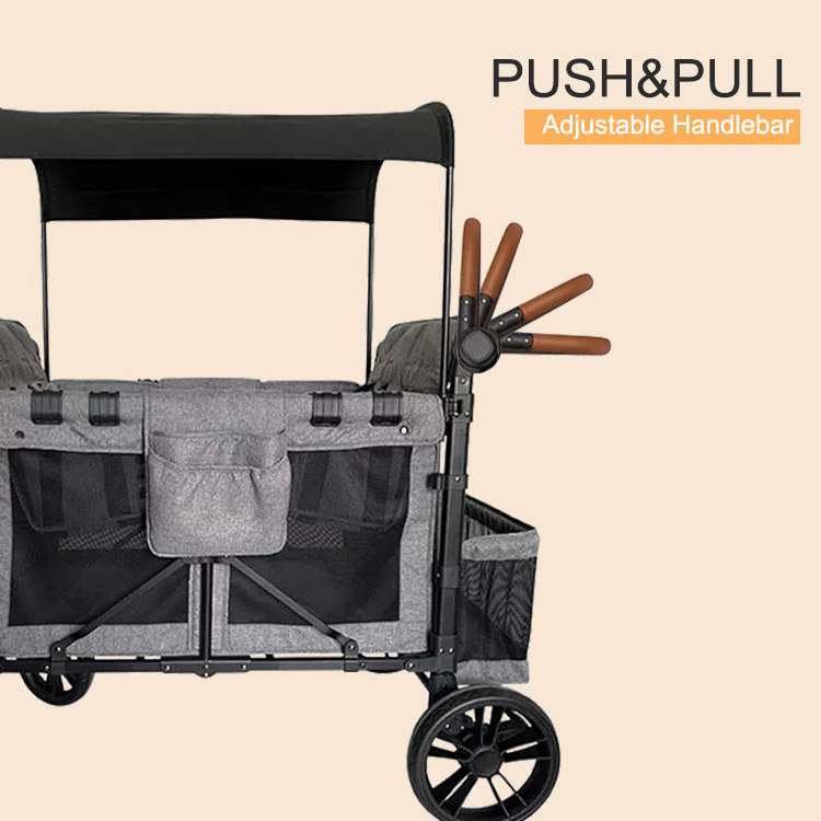 JXB Hot Selling 4 Seats Lightweight Foldable Kids Toddler Push Wagon Cart With Canopy Handle Bar Adjustable