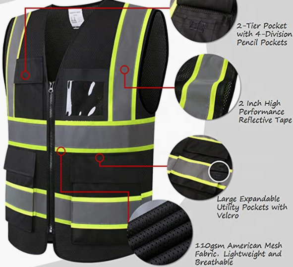 Reflective High Visibility Construction Safety Vest for Men Women with Pockets Zipper