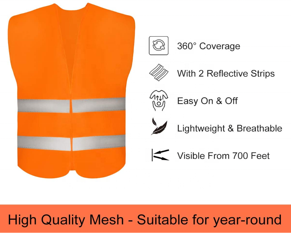 Neon Orange Mesh Fabric Construction Clothing Reflective Vest with 2 Reflective Strips, Safety Vest for Traffic Work