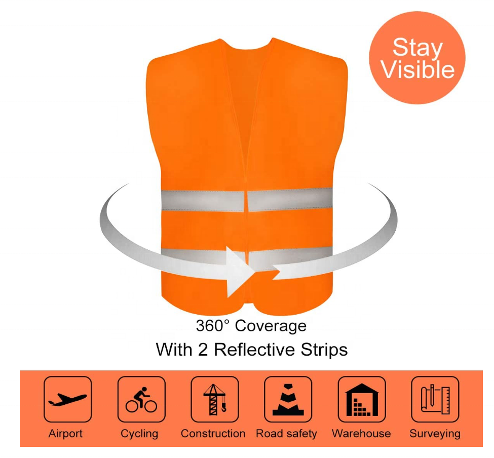 Neon Orange Mesh Fabric Construction Clothing Reflective Vest with 2 Reflective Strips, Safety Vest for Traffic Work