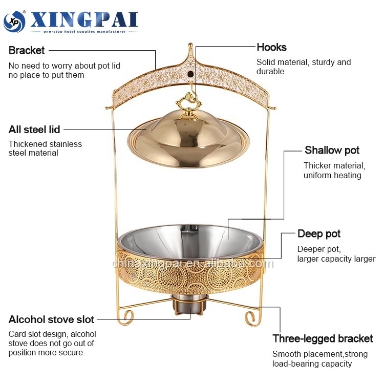 XINGPAI five star hotel luxury gold chaffing dishes food warmer set buffet catering stainless steel hanging chafing dish