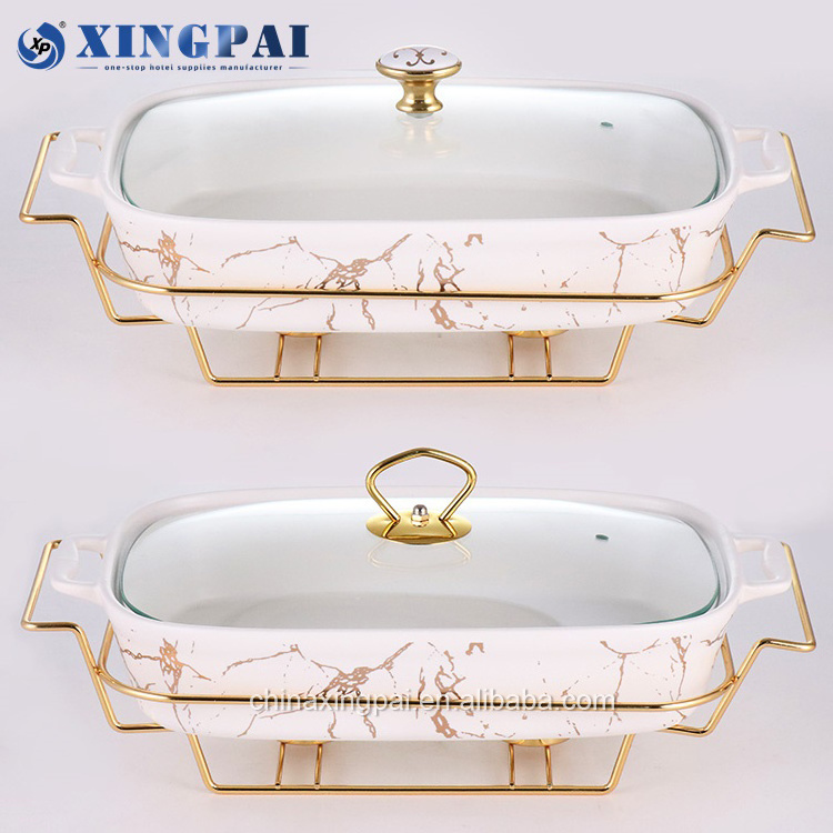 XINGPAI restaurant equipment hotel luxury gold rectangle hot pot ceramic display food warmer with glass lid