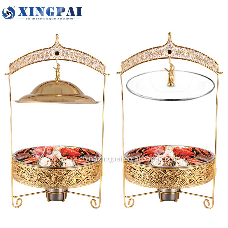 XINGPAI five star hotel luxury gold chaffing dishes food warmer set buffet catering stainless steel hanging chafing dish