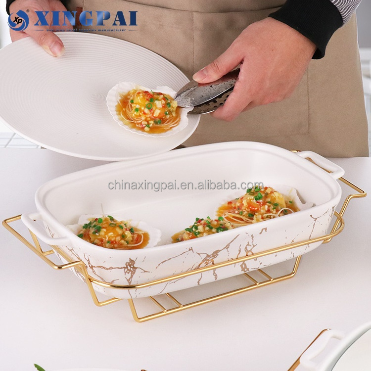 XINGPAI restaurant equipment hotel luxury gold rectangle hot pot ceramic display food warmer with glass lid