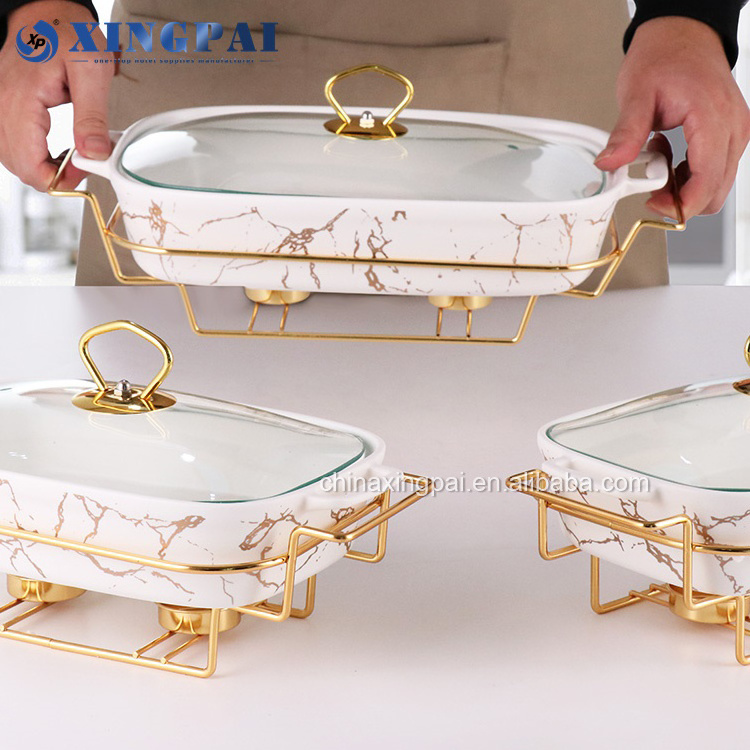 XINGPAI restaurant equipment hotel luxury gold rectangle hot pot ceramic display food warmer with glass lid