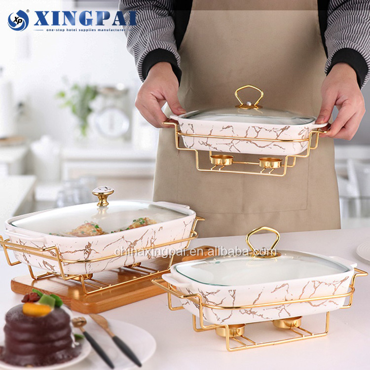 XINGPAI restaurant equipment hotel luxury gold rectangle hot pot ceramic display food warmer with glass lid