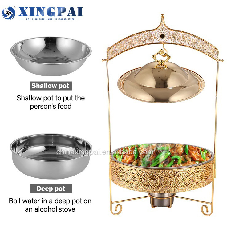 XINGPAI five star hotel luxury gold chaffing dishes food warmer set buffet catering stainless steel hanging chafing dish