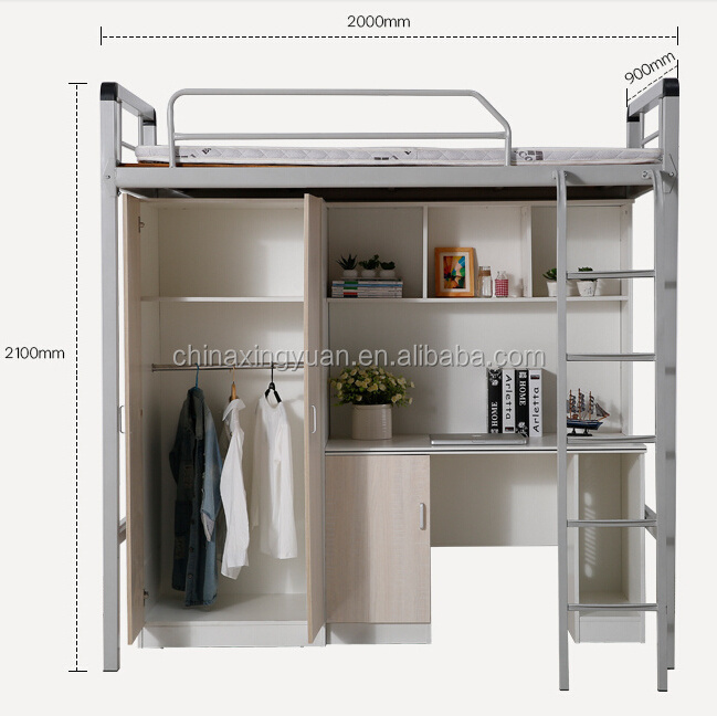 Latest school furniture college student dormitory metal bunk bed with desk and wardrobe for sale