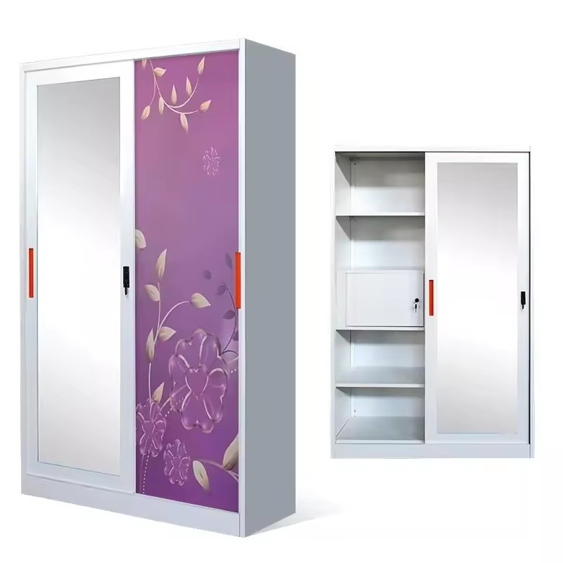 Bedroom furniture Steel Almirah wardrobe metal Wardrobe closet 2 Sliding Doors metal wardrobe with mirrors