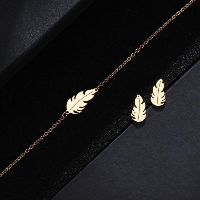 Simple fashion bracelet earring necklace set leaf pendant stainless steel jewelry set