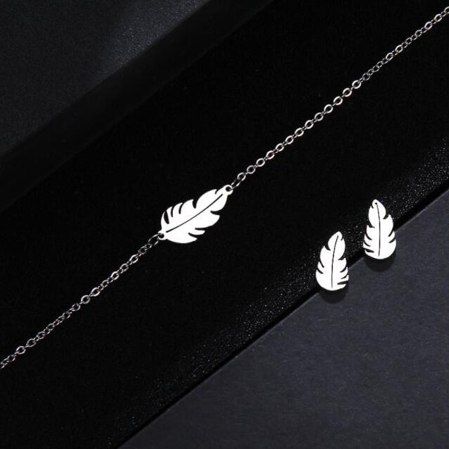 Simple fashion bracelet earring necklace set leaf pendant stainless steel jewelry set