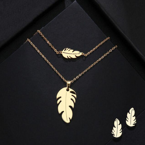 Simple fashion bracelet earring necklace set leaf pendant stainless steel jewelry set