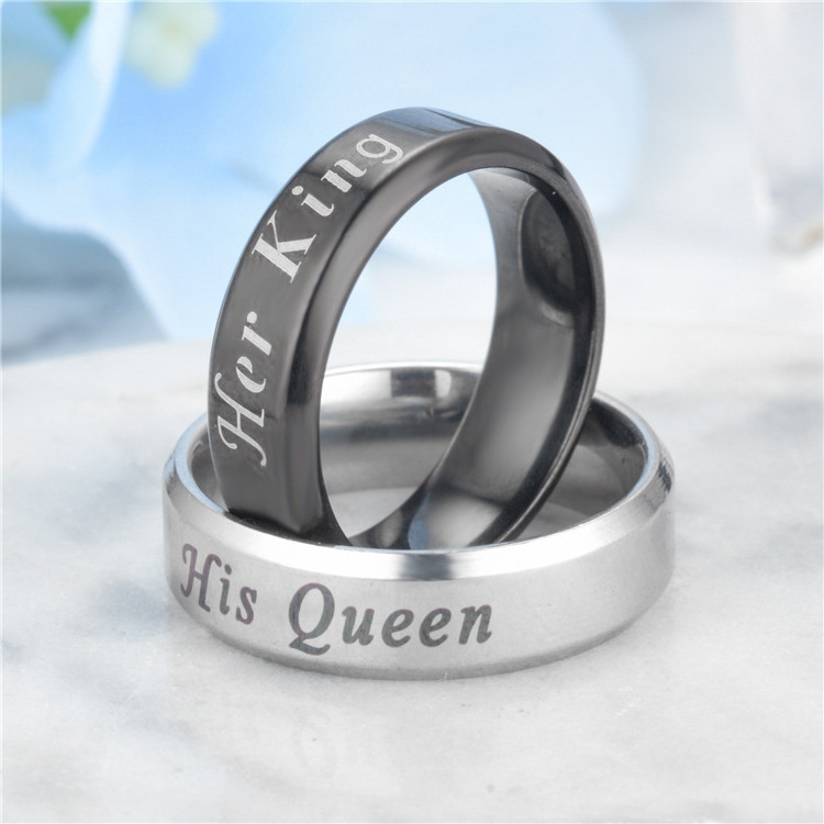 Silver Black Stainless steel His Queen Her King Fashion Couple lover Promise Ring for Women Man