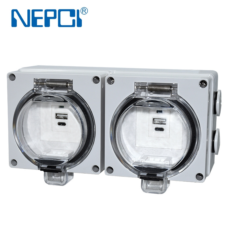 Factory NRPCI Dual ports IP66 water-resistant box XJY-QB-662-07-45A 2 gang outdoor waterproof switch socket outlet