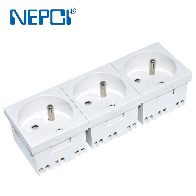 NEPCI Factory 45*45mm Angle 45 DegreeTriplex French Power Socket Module XJY-QB-45-3 Socket with Linking Connection