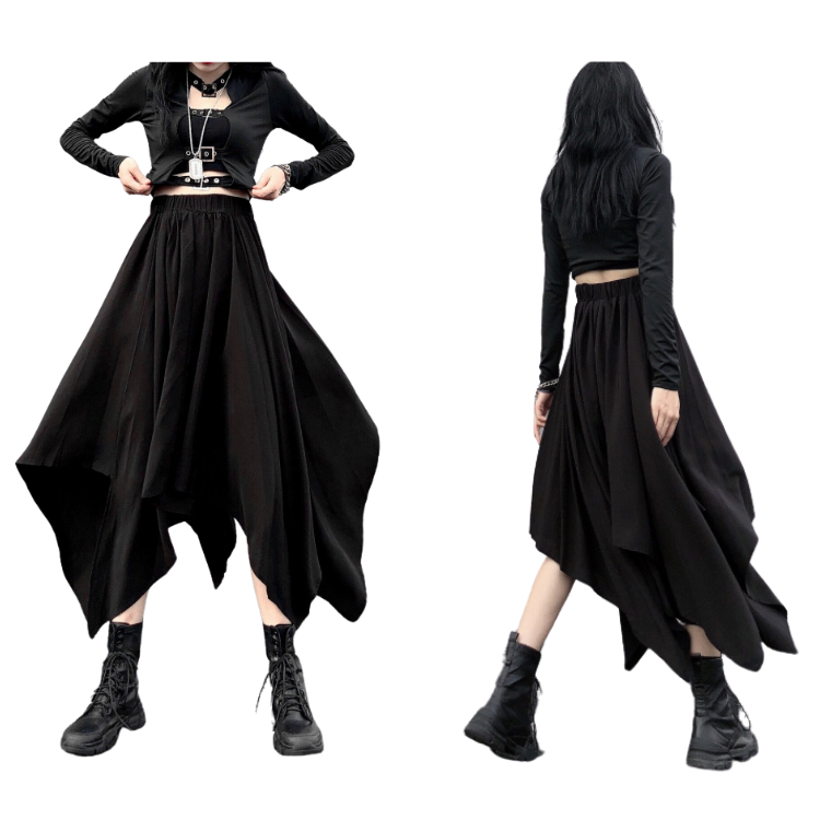 2022 Japanese street dance trend dark irregular high waist slim black A- line skirt umbrella skirt women's skirt